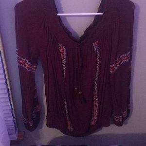 off the shoulder maroon floral blouse